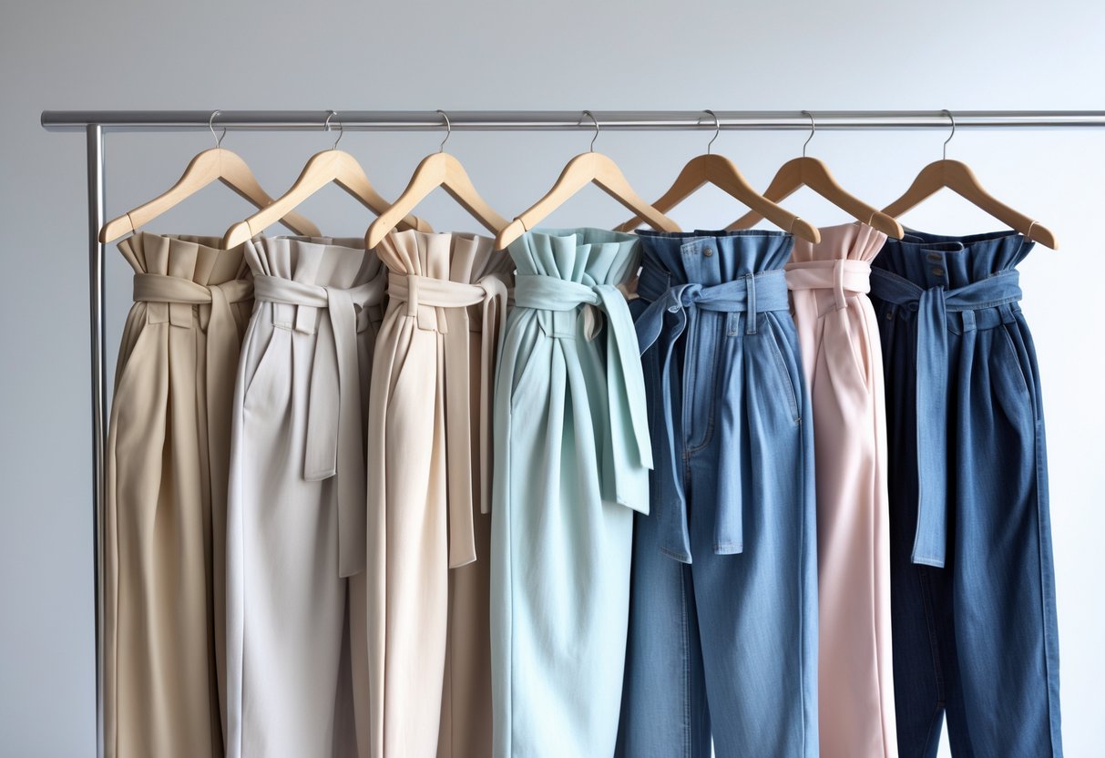 A clothing rack displaying a variety of women's pants hanging neatly on wooden hangers against a plain background.