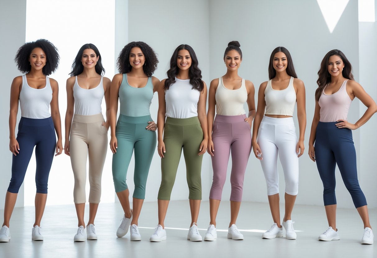 A group of women standing in a bright studio, each wearing different types of mid-length pants, posing naturally.