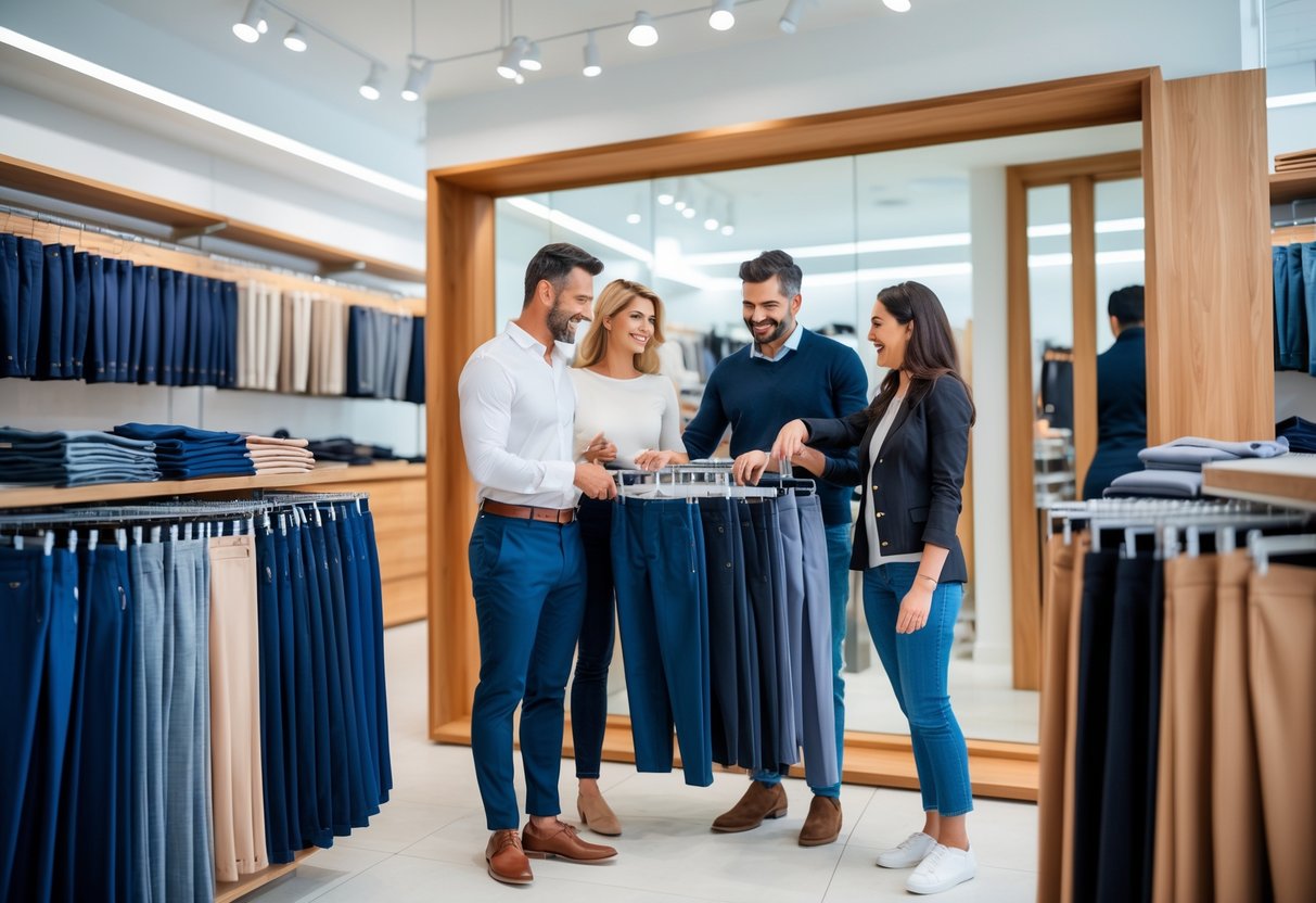 Three adults in a modern clothing store looking at and discussing pants displayed on racks and shelves.