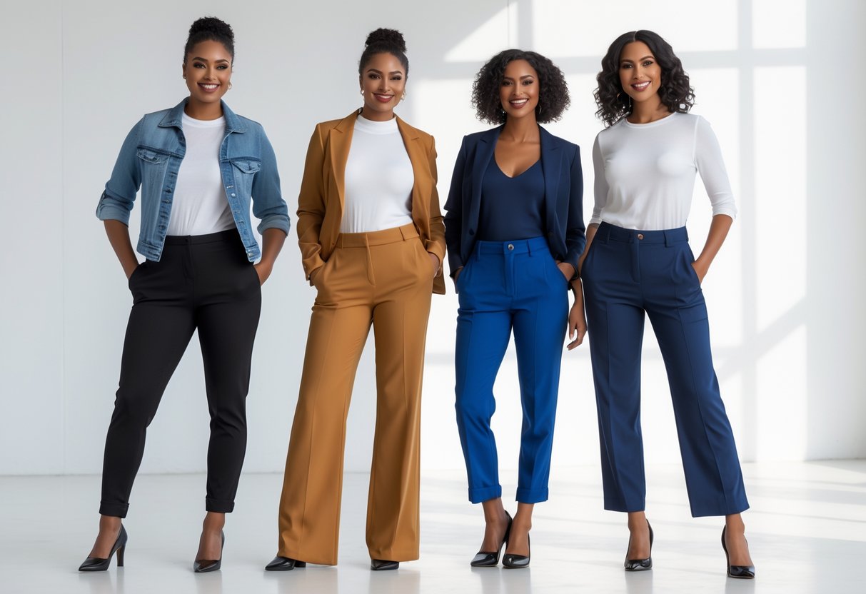 Four adults standing together in a bright studio, each wearing different pants styles, posing confidently against a white background.