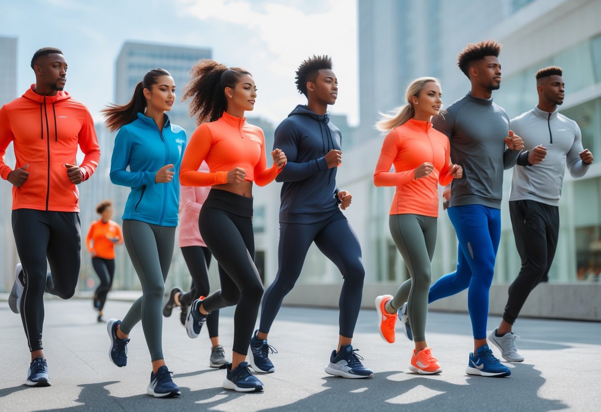 A group of young adults wearing modern sportswear outdoors, engaging in stretching and jogging activities.