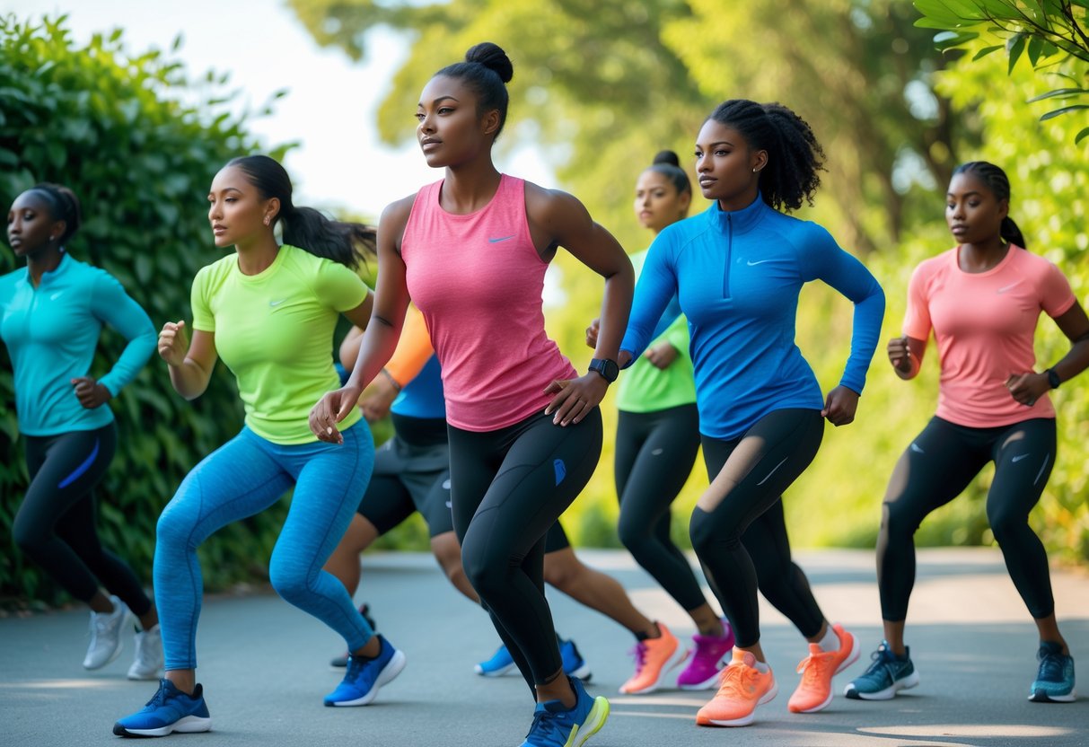 A group of athletes outdoors wearing colorful sportswear made from sustainable fabrics, preparing for exercise in a green natural environment.