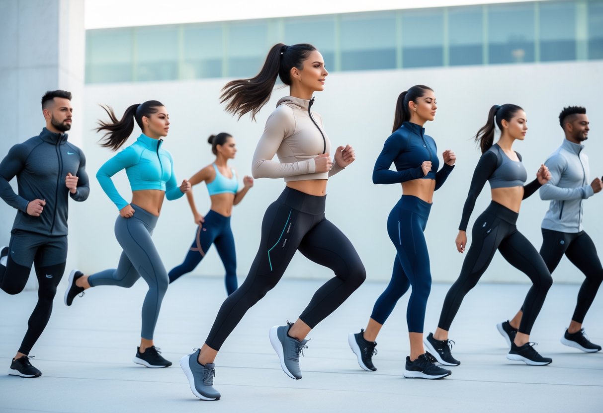 A group of diverse men and women wearing modern activewear, exercising outdoors in an urban setting.