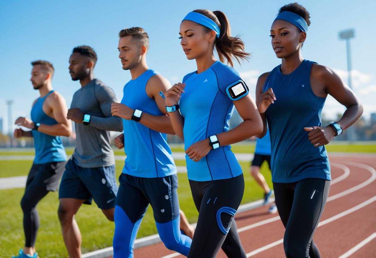 A group of athletes outdoors wearing sportswear with integrated wearable technology, engaging in running and stretching activities.
