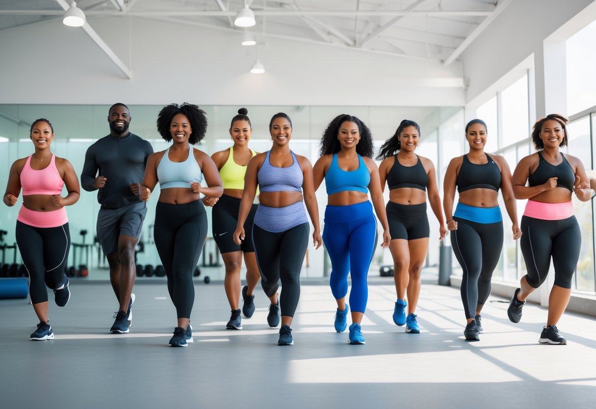 A diverse group of people in different sportswear exercising together in a bright fitness space.