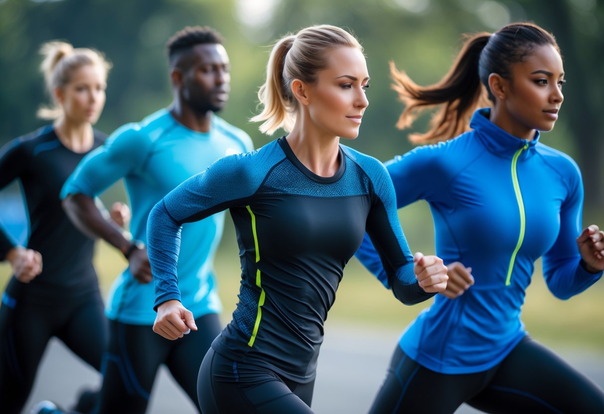 A group of athletes wearing moisture-wicking sportswear engaged in outdoor physical activities.