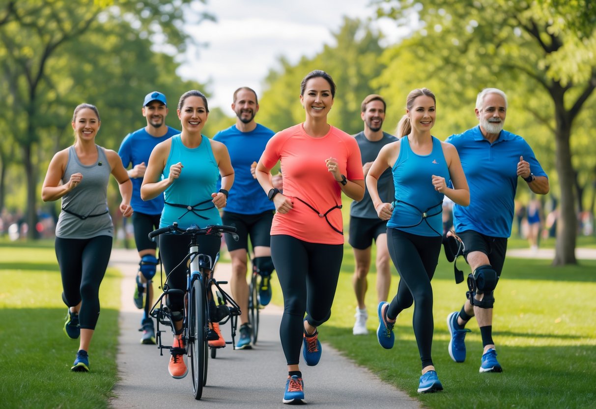 A diverse group of people wearing adaptive sportswear participating in running, cycling, and yoga outdoors in a park.