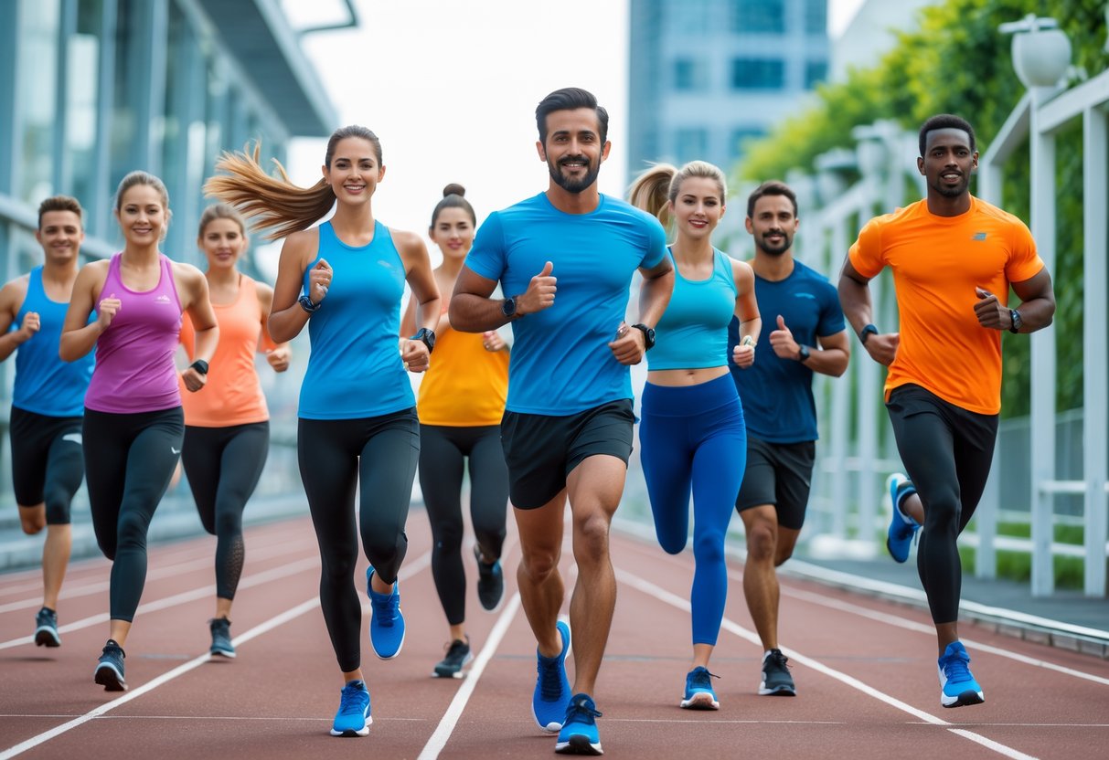 A group of diverse athletes exercising outdoors and indoors, wearing modern sportswear and using fitness devices.