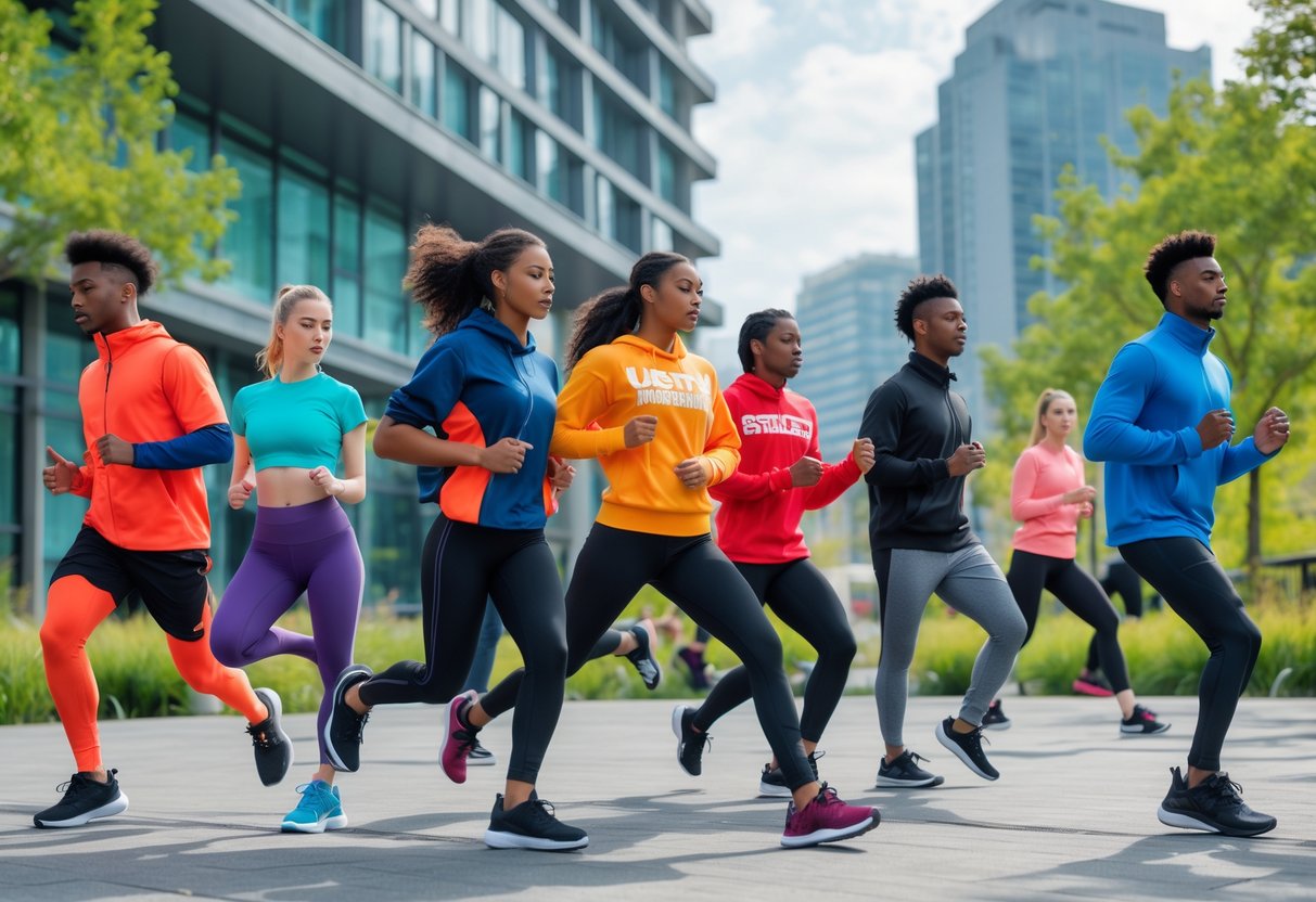 A diverse group of people wearing modern sportswear are engaged in various fitness activities outdoors in a city park.