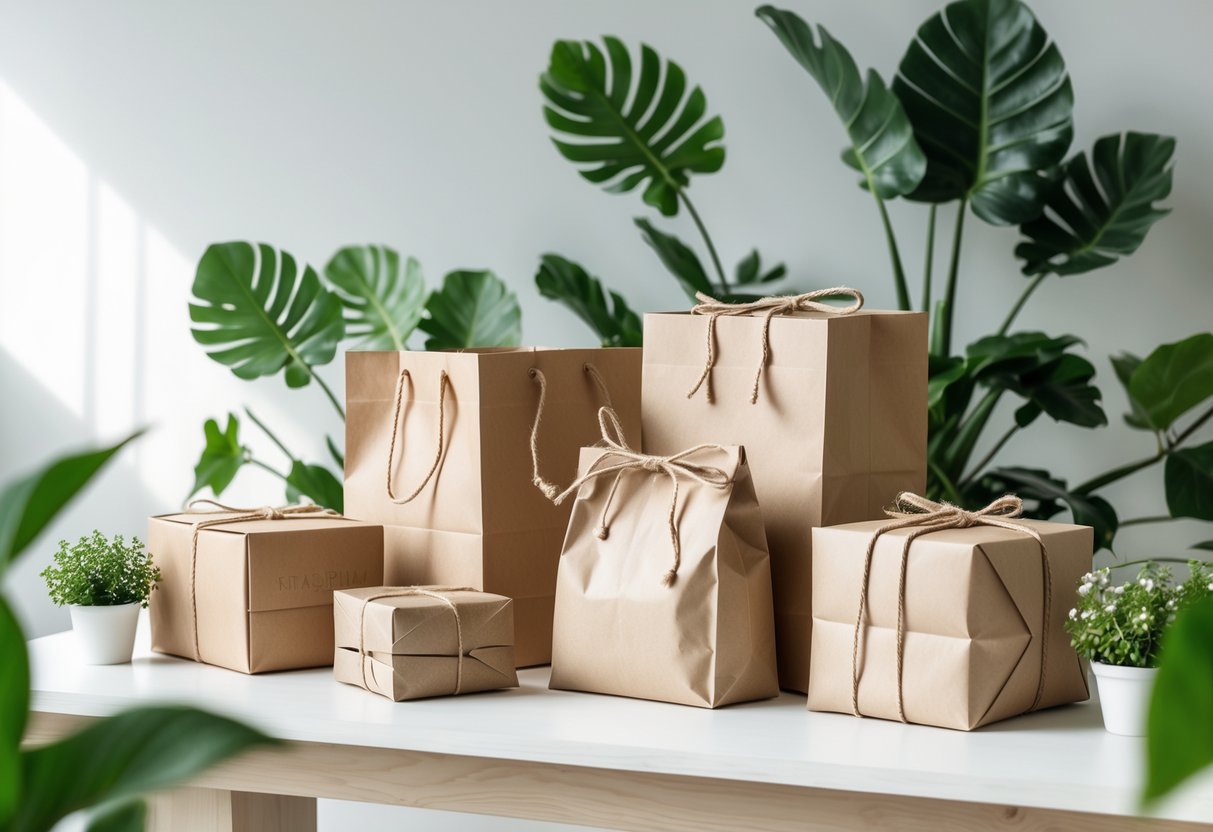 Eco-friendly clothing packages made from recycled materials arranged with green plants on a wooden surface.