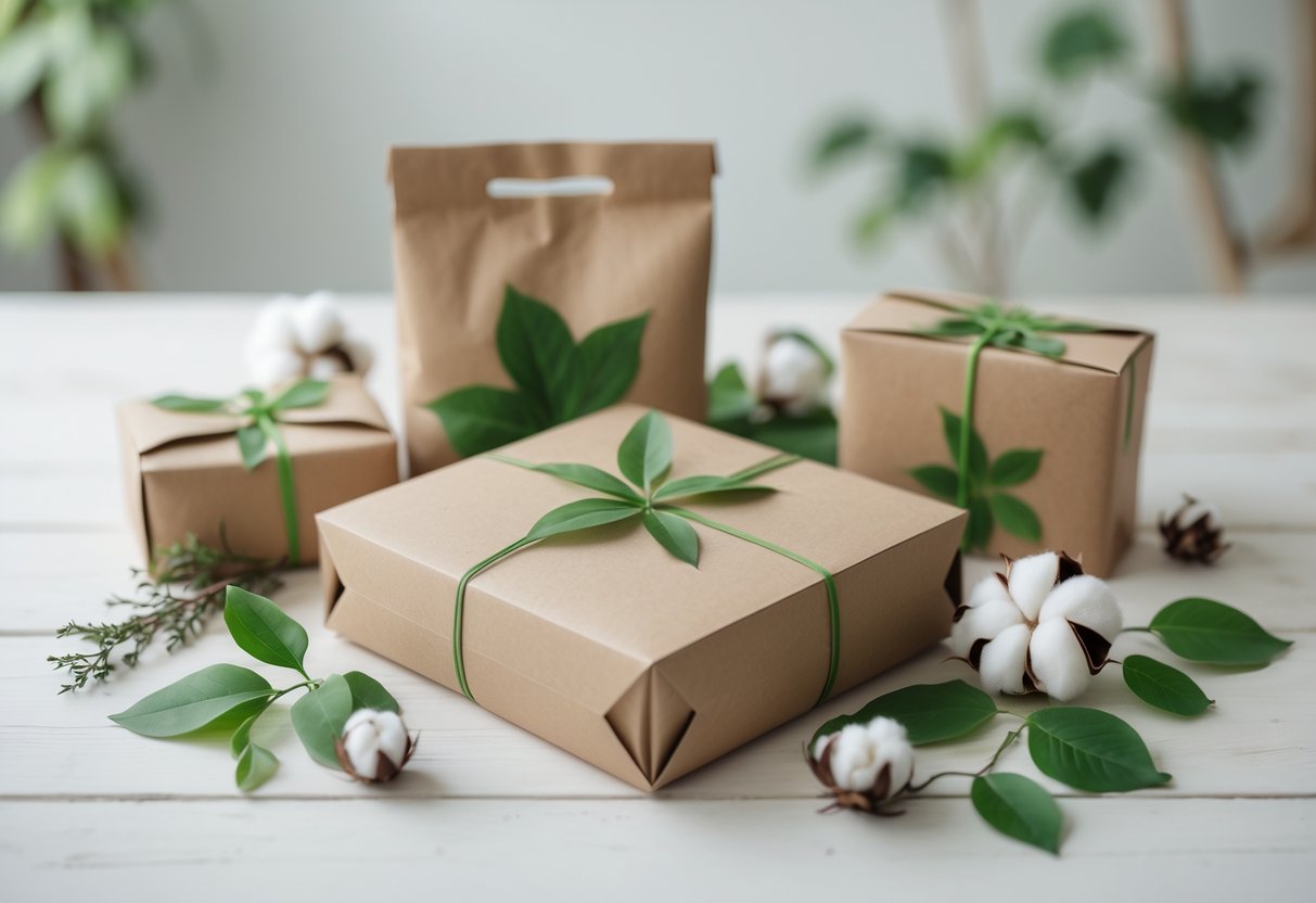 Eco-friendly clothing packages made from recycled paper displayed with green leaves and cotton flowers on a wooden surface.