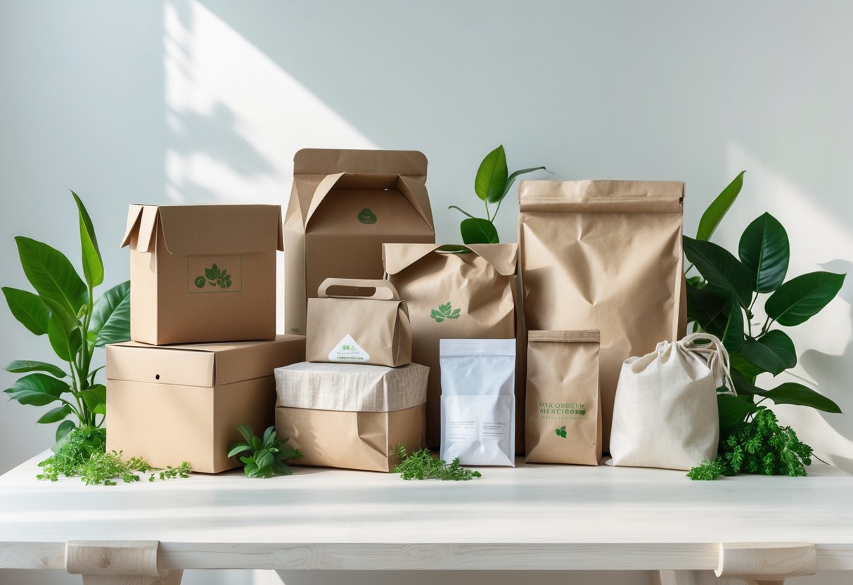 Various eco-friendly packaging materials for clothing arranged on a wooden surface with green leaves around them.