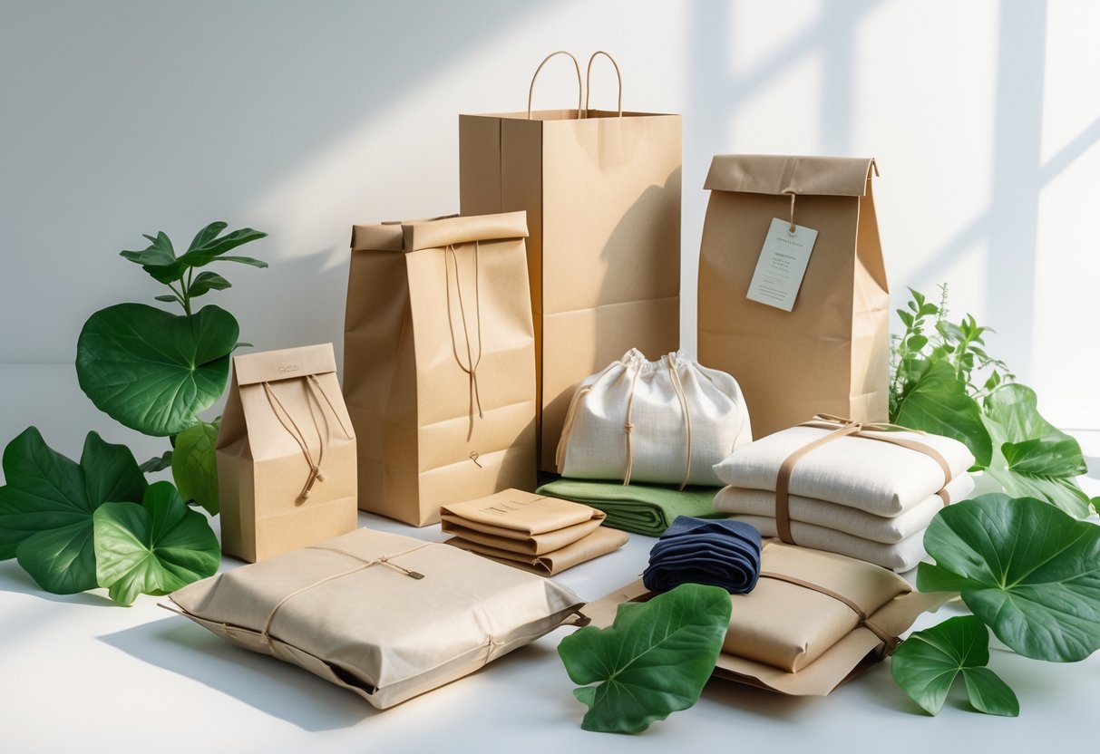 Eco-friendly clothing packages made from recycled materials arranged on a white surface with green leaves nearby.