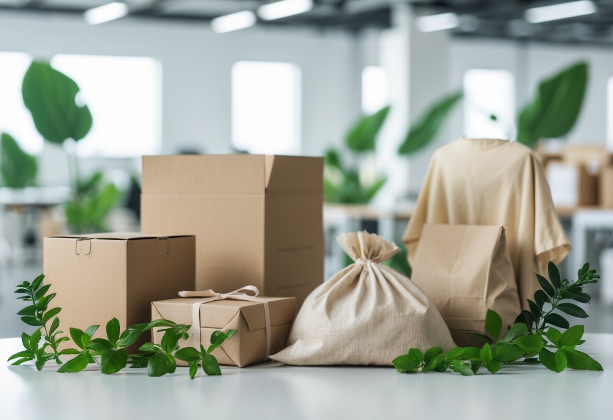 Eco-friendly clothing packaging made from recycled and biodegradable materials surrounded by green leaves on a clean surface.
