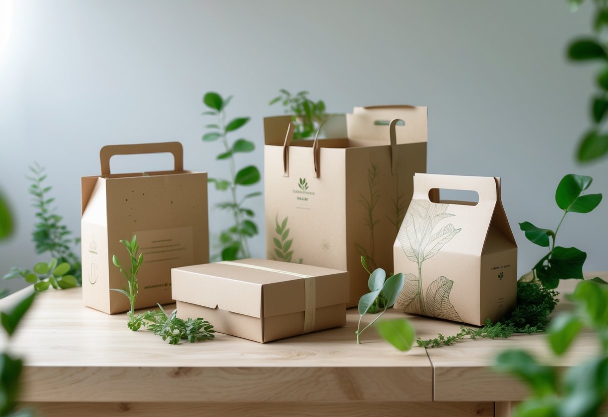Eco-friendly clothing packaging made from recycled materials displayed with green leaves on a wooden surface.