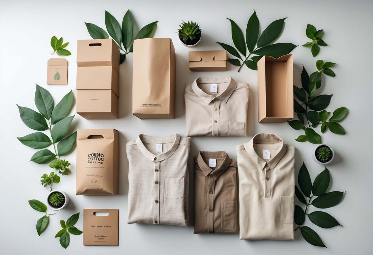 Eco-friendly clothing packaging materials including recyclable boxes, biodegradable bags, and reusable pouches arranged with green leaves and plants on a white surface.