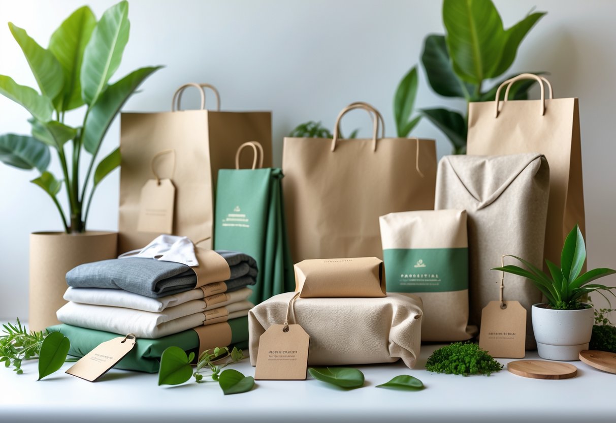 Clothing items packaged with eco-friendly materials surrounded by green leaves and plants on a clean surface.