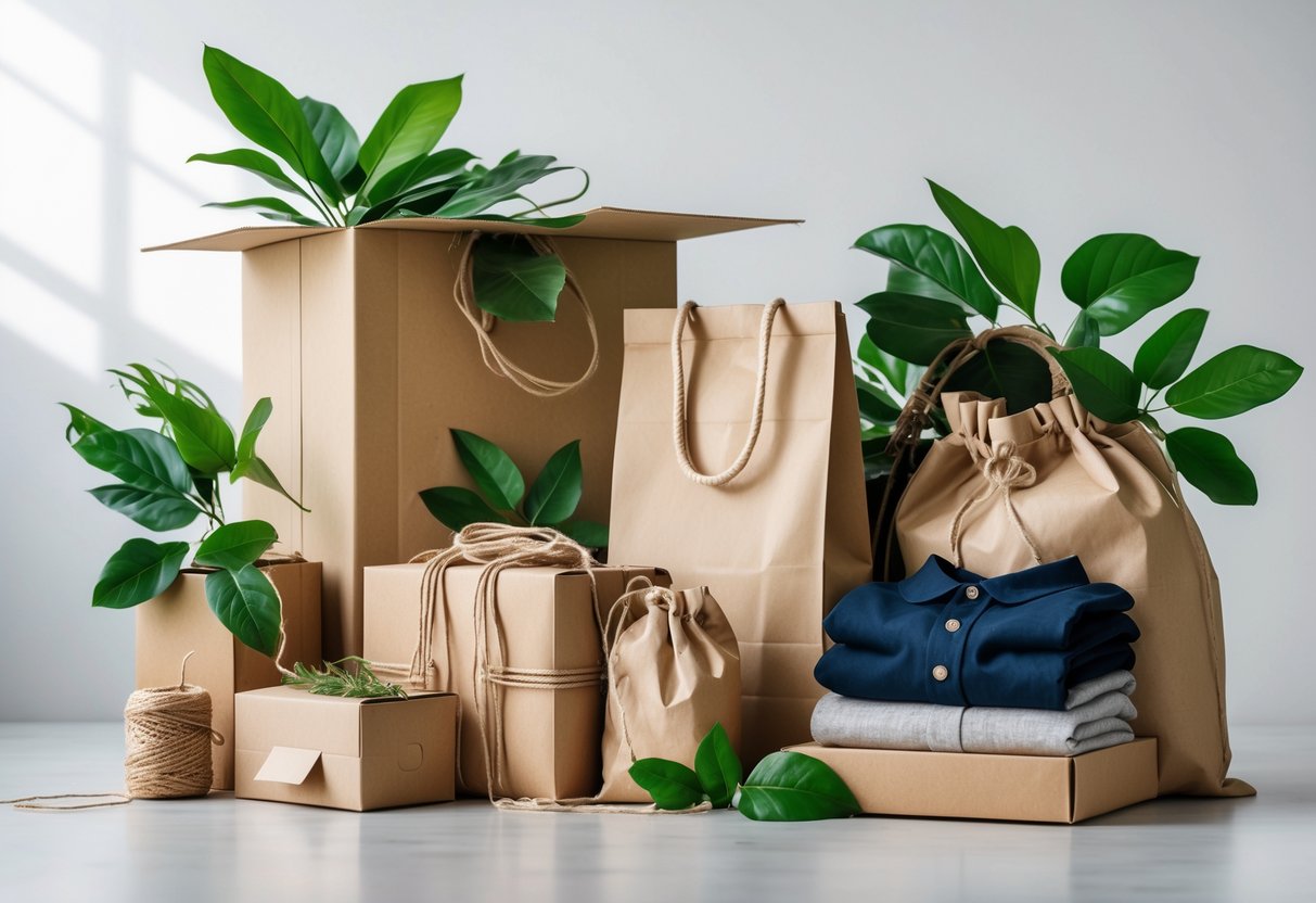 Clothing items displayed with eco-friendly packaging materials including paper boxes, cloth bags, and green leaves on a clean surface.