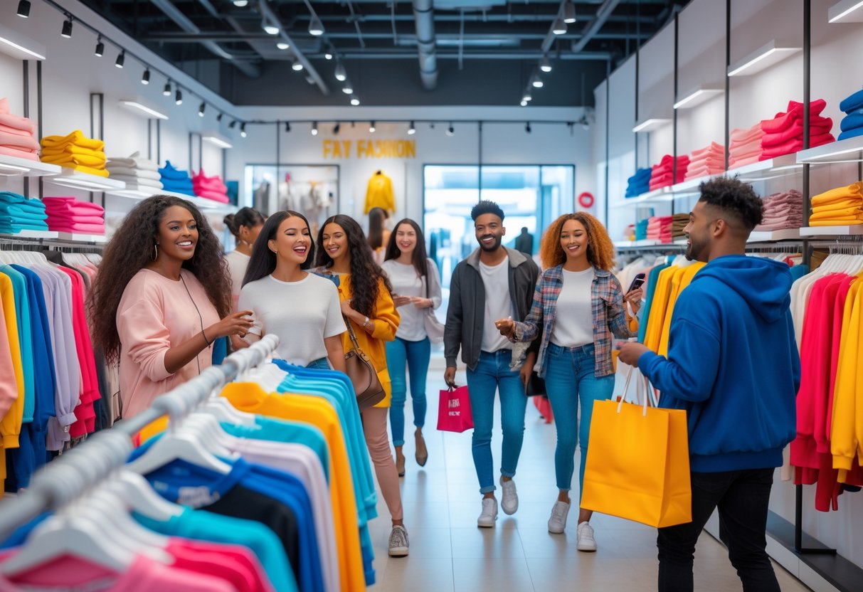 A group of young adults shopping and trying on clothes in a bright, modern clothing store.