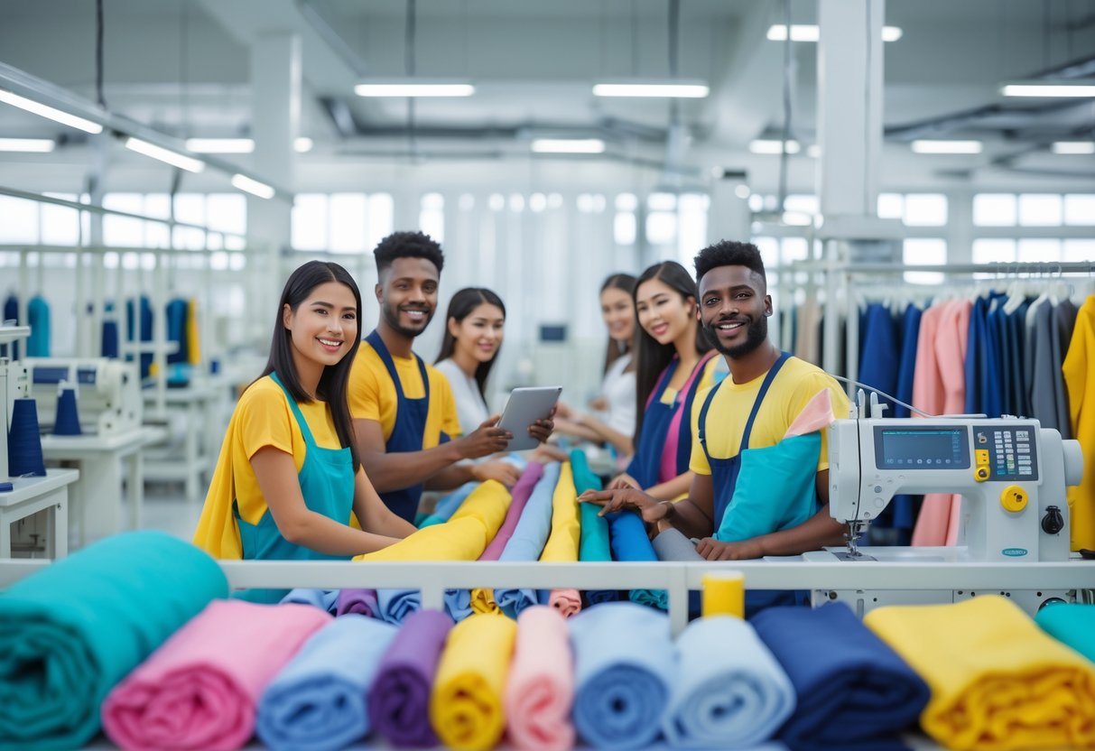A group of diverse factory workers sewing clothes in a bright garment factory, with a manager reviewing charts in the background.