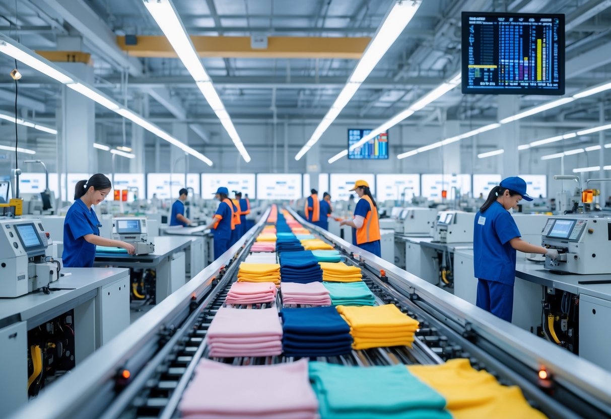 Clothing factory with workers operating machines and conveyor belts producing garments efficiently.