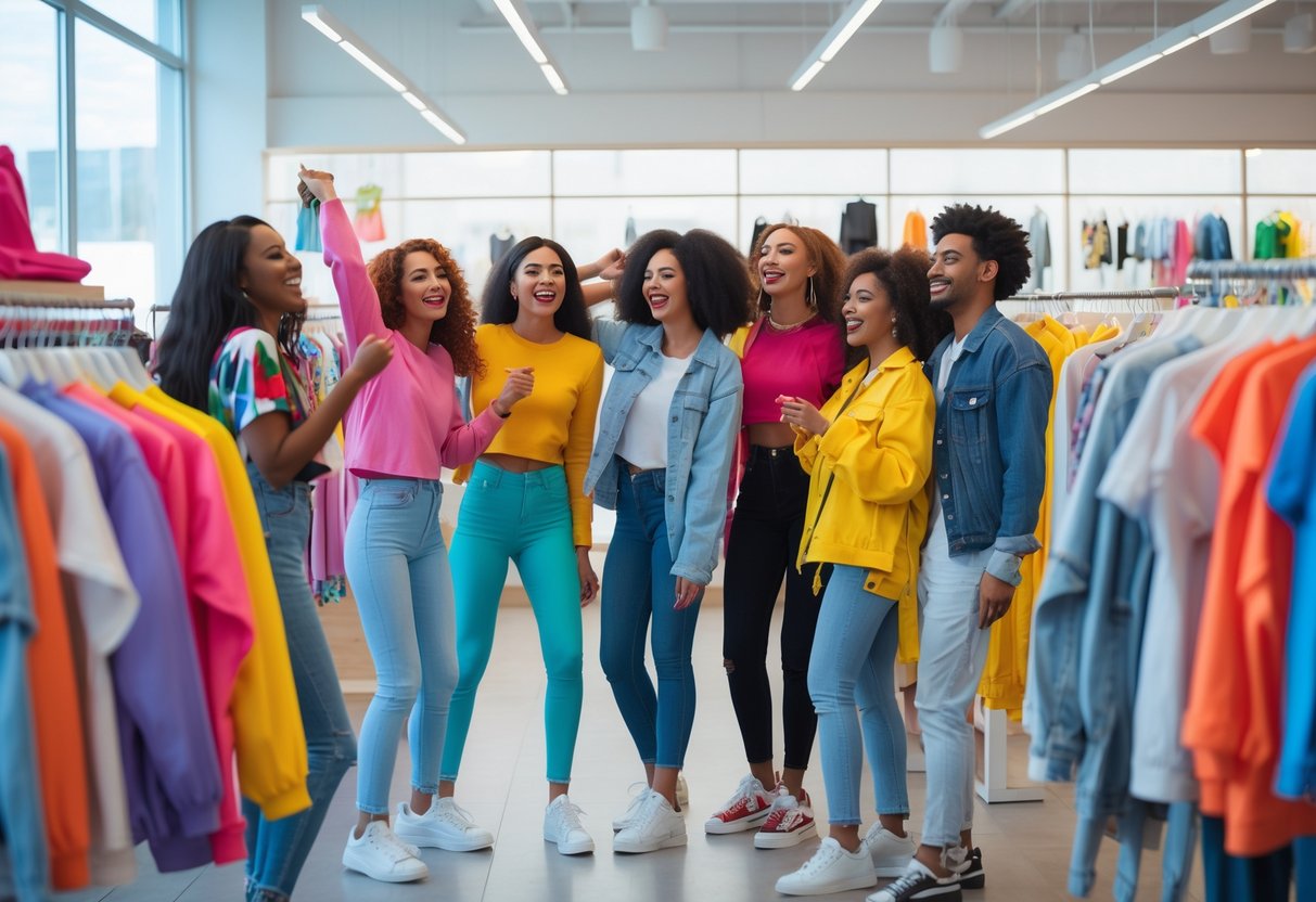 A group of young adults happily shopping and trying on clothes in a bright, modern clothing store.