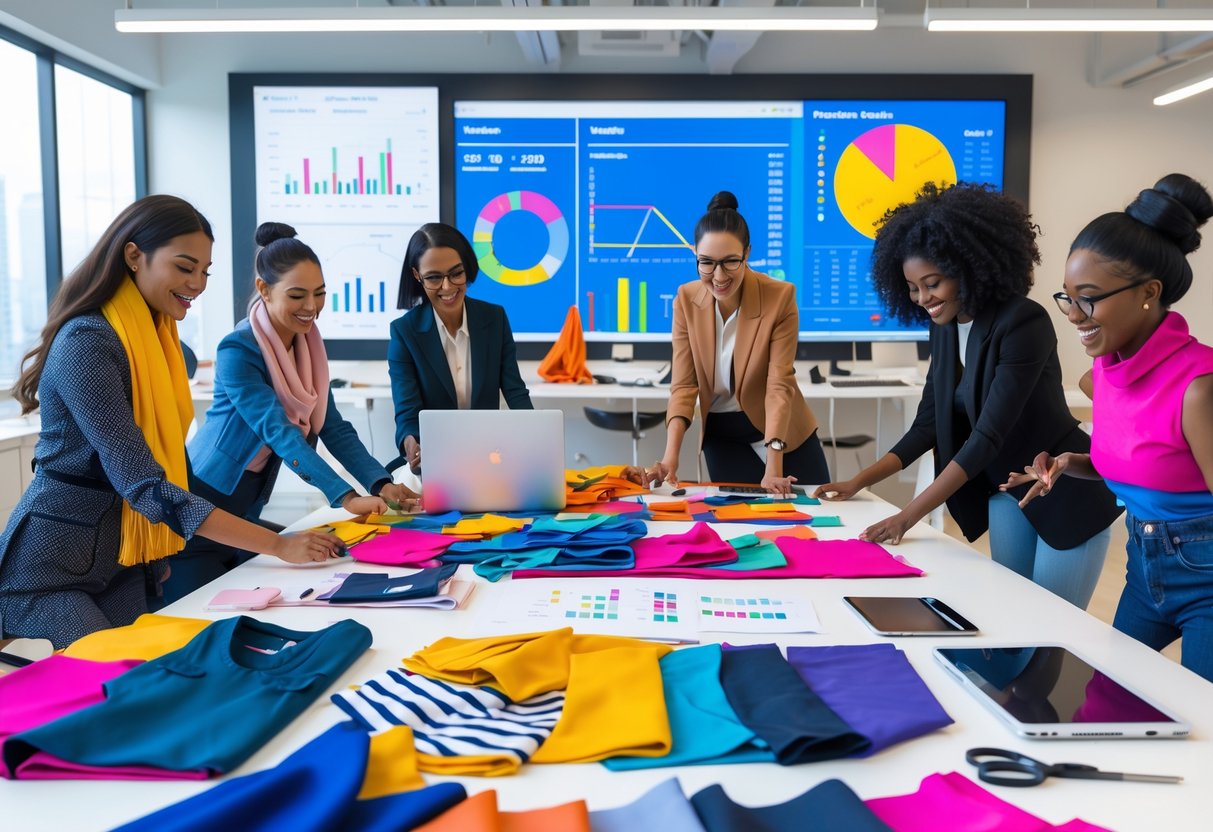 A group of fashion designers collaborating around a table with fabrics, sketches, and laptops in a bright studio with a screen showing market data.