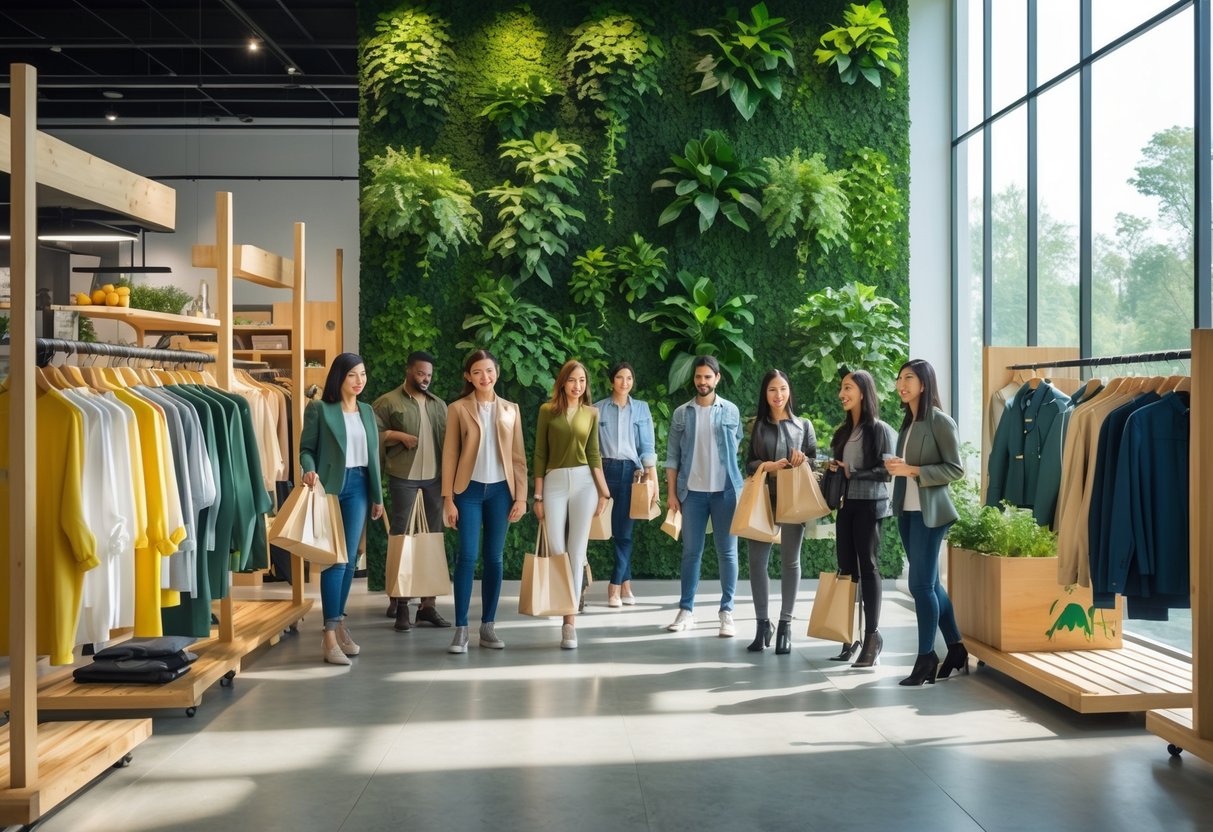 Clothing store interior with mannequins wearing trendy outfits, a green plant wall, and customers shopping with reusable bags.