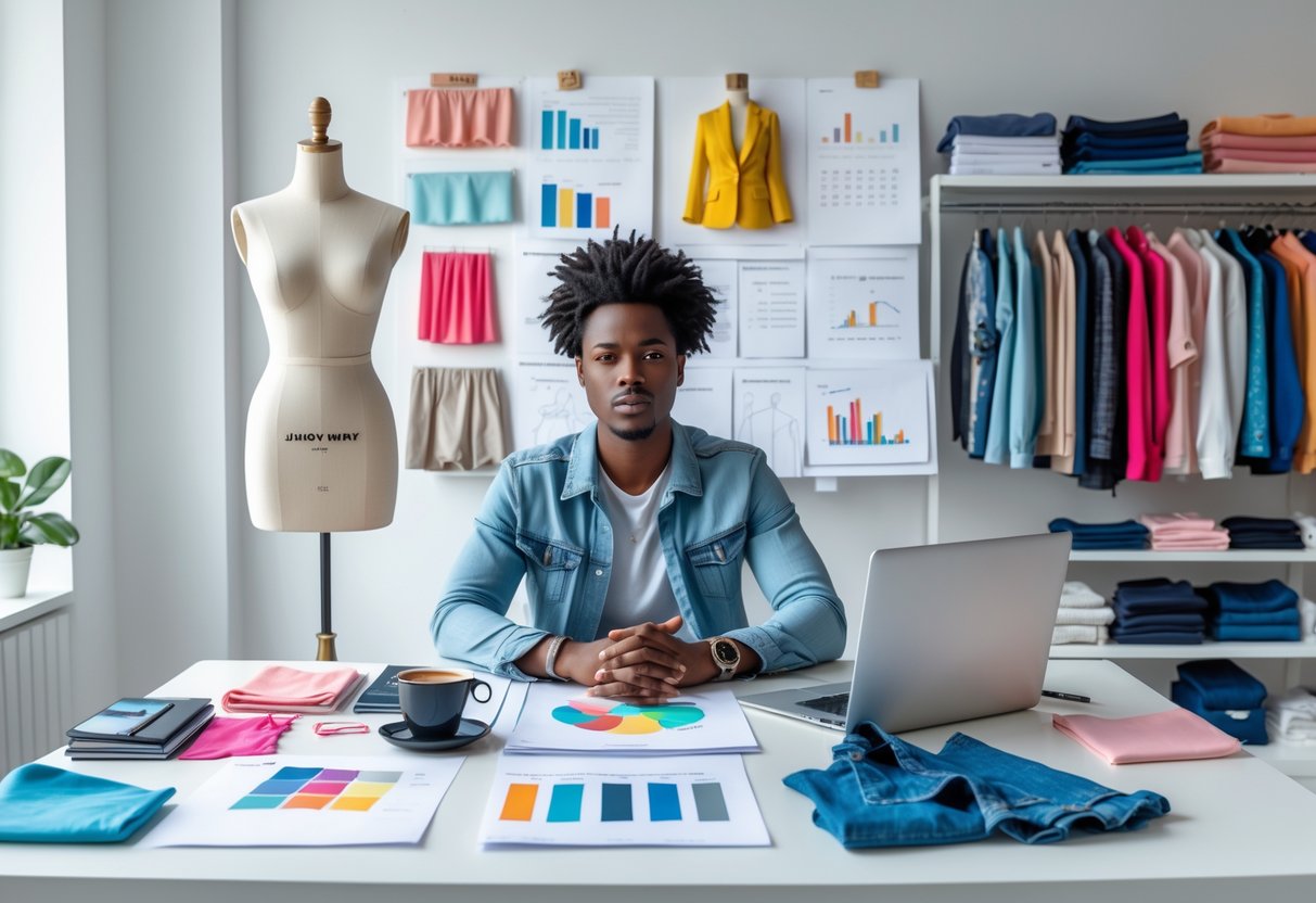 A person working at a desk with clothing sketches, fabric samples, and a laptop in a bright room with a mannequin and shelves of clothes.