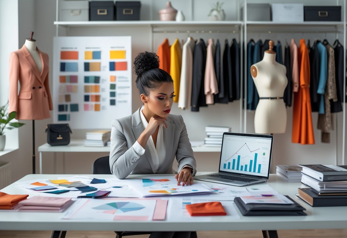 A young fashion designer working at a desk with sketches, fabric samples, and a laptop, surrounded by clothing and design materials.