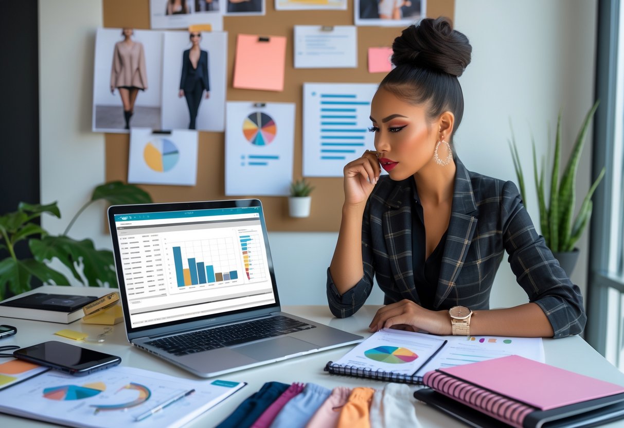 A young fashion entrepreneur working at a desk with a laptop, fashion sketches, fabric samples, and a mood board in the background.