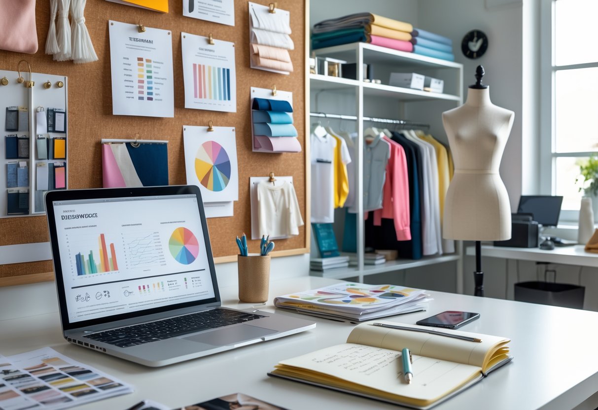 A workspace with a laptop showing fashion sketches, mood boards with fabric samples, an open notebook with notes, and mannequins dressed in clothing in a bright office.