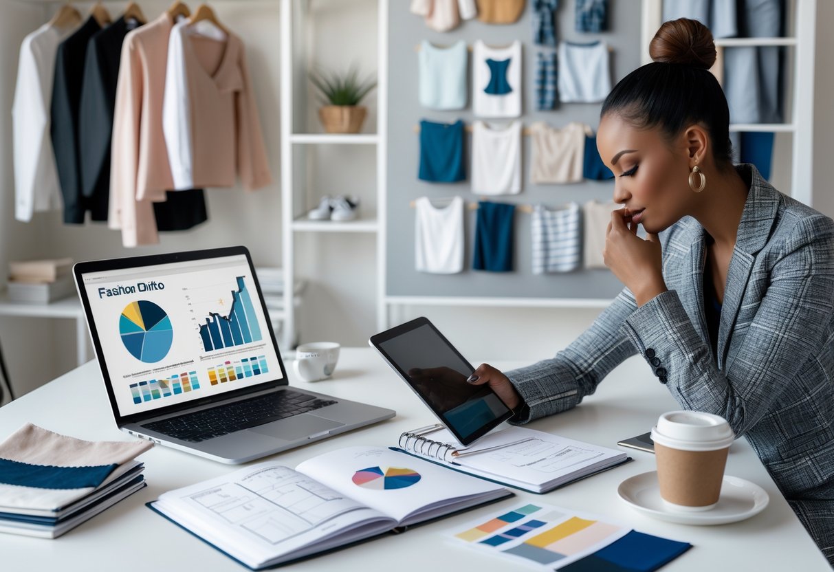 A person working at a desk with fashion design sketches, fabric samples, and a laptop in a bright workspace.