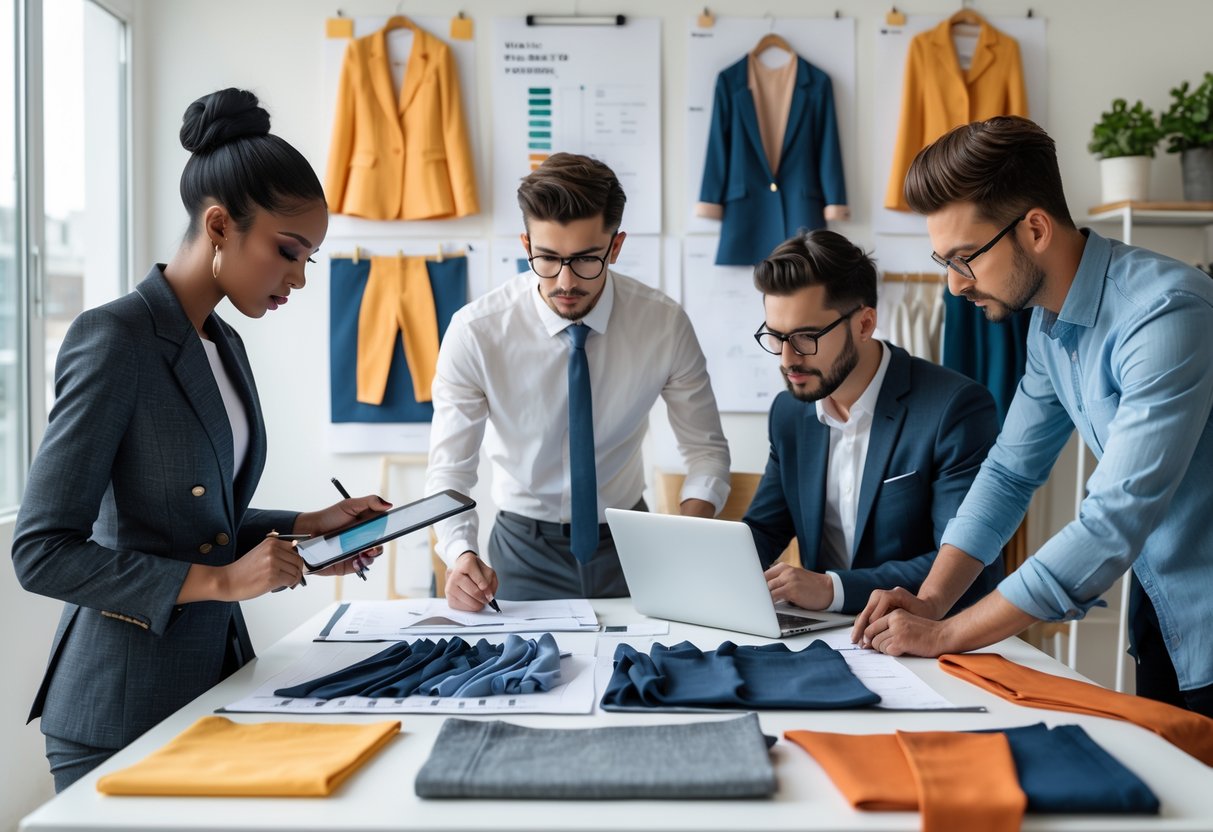 A group of professionals working together around a table with fashion sketches, fabric samples, and laptops in a bright workspace.