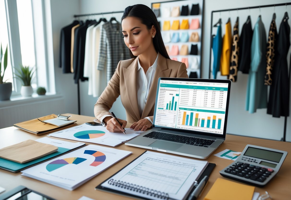 A woman working at a desk with fashion sketches, fabric samples, a laptop showing financial charts, and a clothing rack in the background.