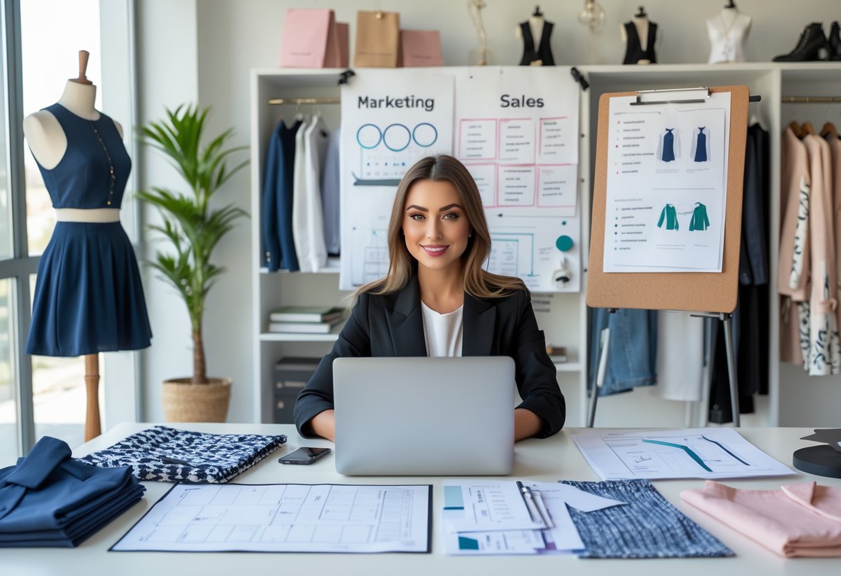 A woman working at a desk with clothing sketches, fabric samples, and marketing materials, planning a fashion business strategy.