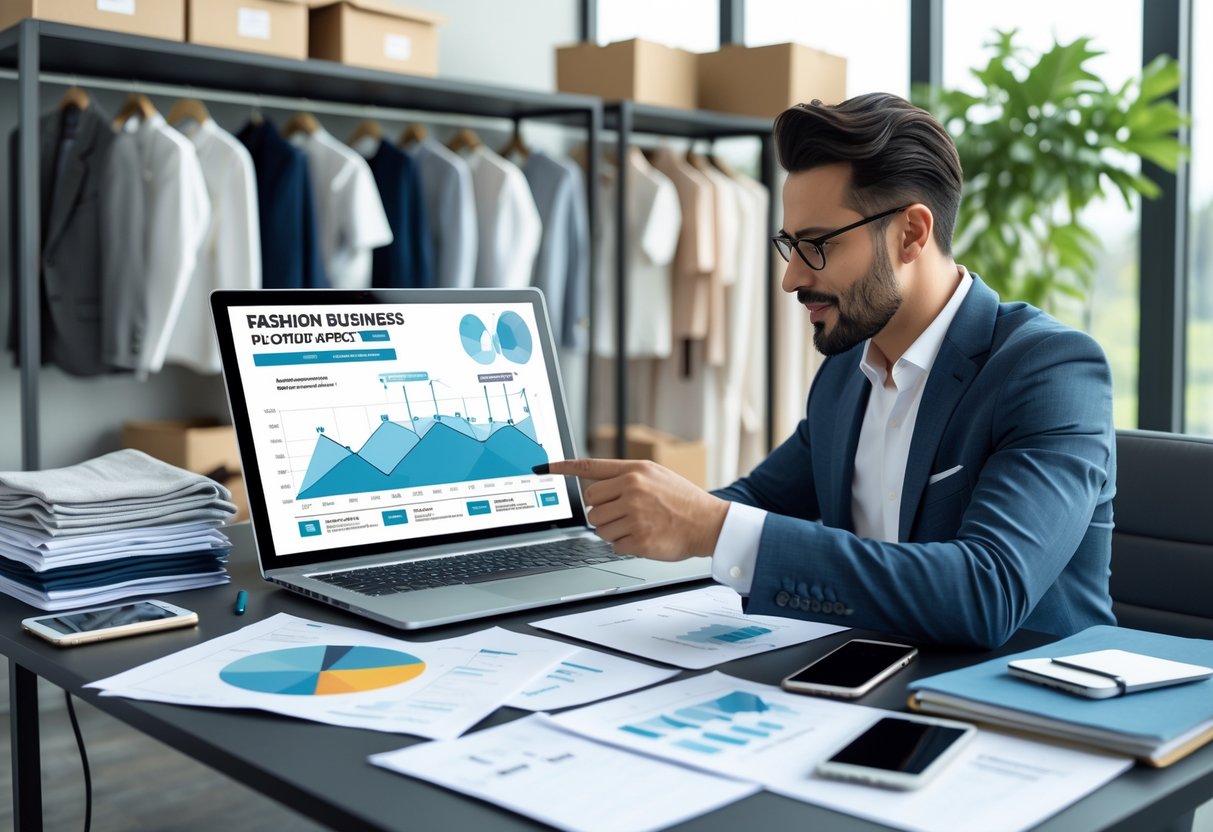 A person working at a desk with a laptop, fashion sketches, fabric samples, and shipping boxes in a bright office.
