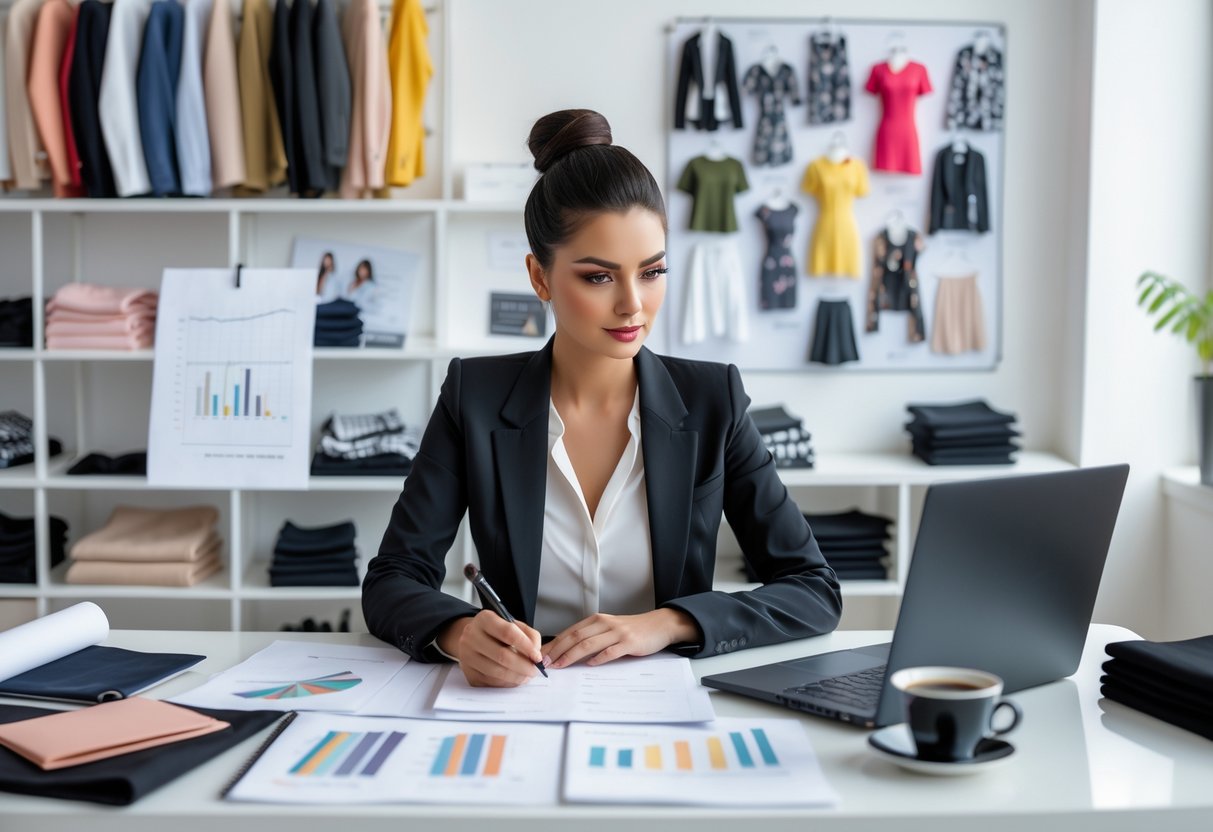 A young woman working at a desk surrounded by fashion sketches, fabric samples, and a laptop with financial charts.