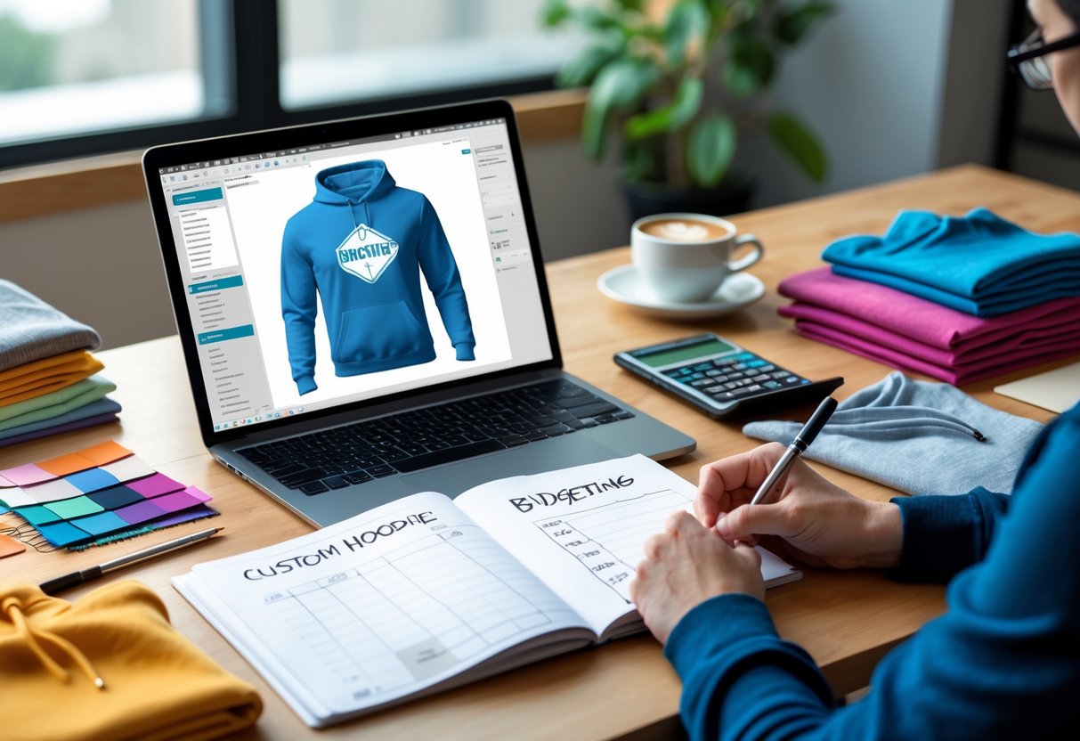A person writing budgeting notes at a desk with a laptop showing a hoodie design, calculator, fabric samples, and a coffee cup.
