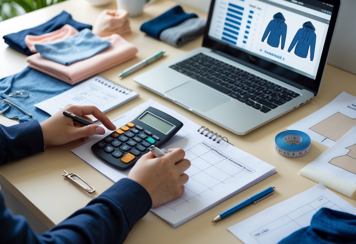 A person calculating costs for making a custom hoodie at a desk with fabric samples, sketches, a calculator, and a laptop.