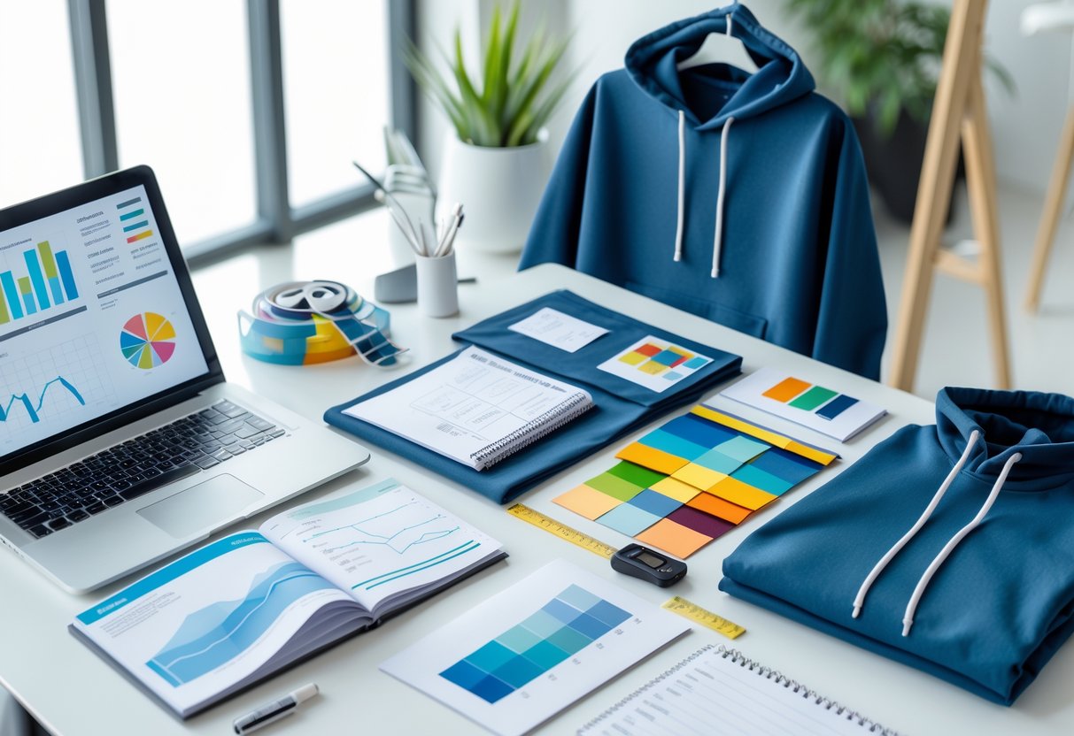 A workspace with a laptop showing cost charts, fabric swatches, a measuring tape, and a sample hoodie on a mannequin, representing custom hoodie production planning.
