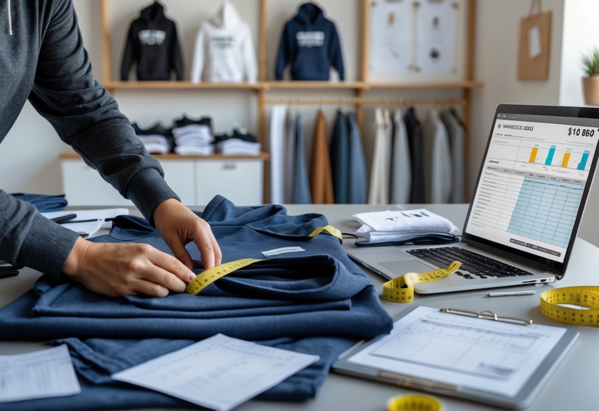 A person working at a desk customizing a hoodie with fabric swatches, measuring tape, and a laptop showing budgeting information.