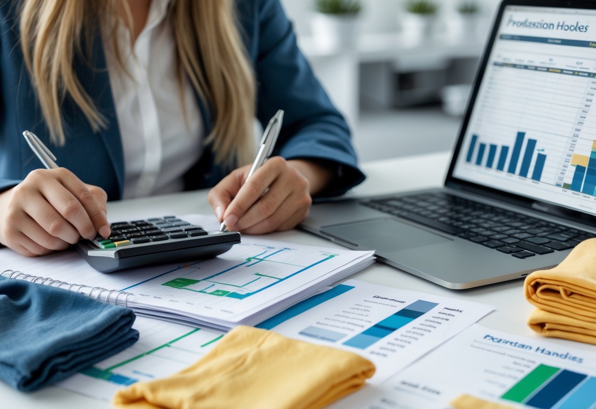 A person calculating costs and writing notes at a desk with a custom hoodie sample, fabric swatches, and a laptop showing spreadsheets.