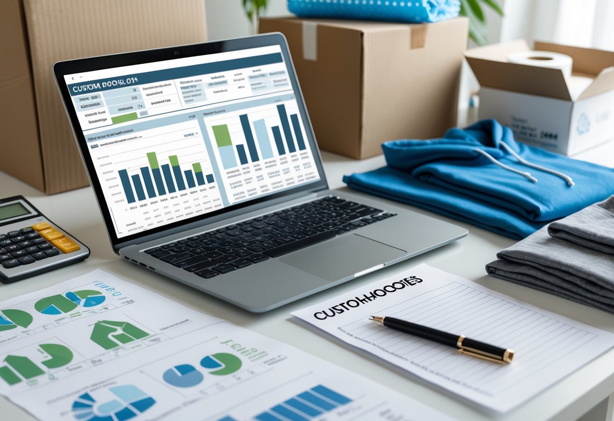 A workspace with a laptop showing financial charts, a calculator, custom hoodie samples, packing materials, and a shipping box arranged on a table.