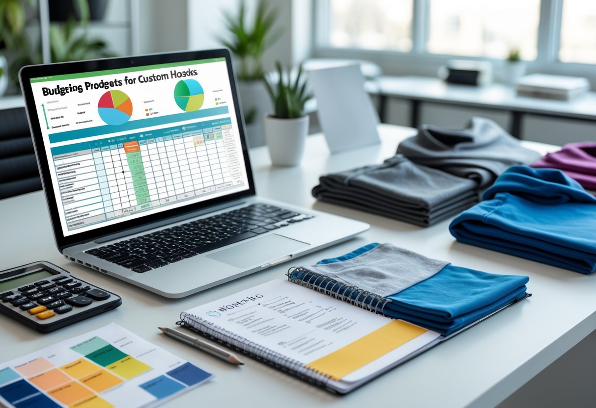 A workspace with a laptop showing budgeting charts, a notebook with hoodie sketches, fabric samples, and custom hoodies arranged on a desk.