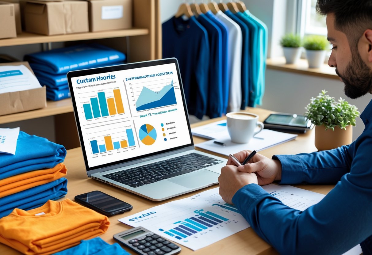 A person reviewing documents and custom hoodies on a desk with a laptop showing charts, surrounded by business supplies in a bright workspace.