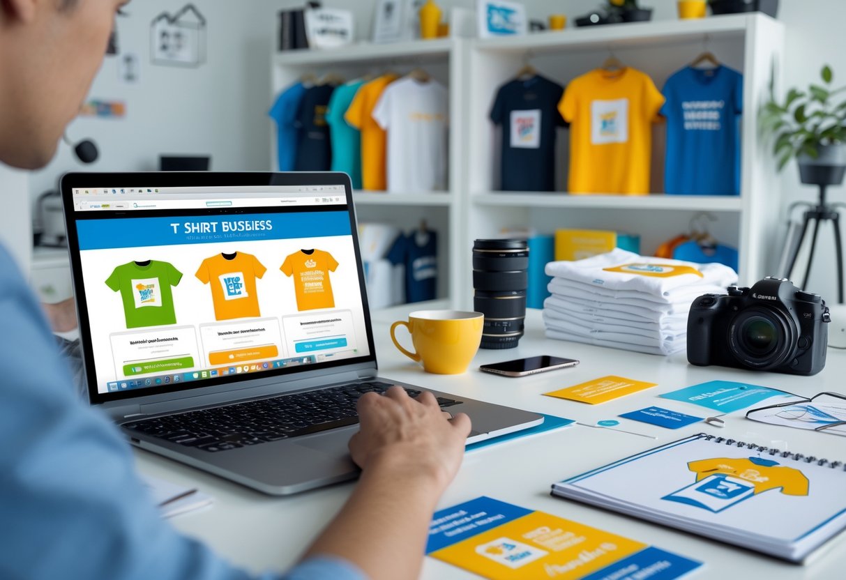 A person working at a desk with a laptop, smartphone, printed t-shirts, and design materials in a bright office setting.