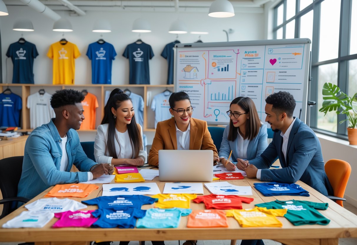 A group of young people working together around a table with t-shirts, sketches, and a laptop in a bright office.