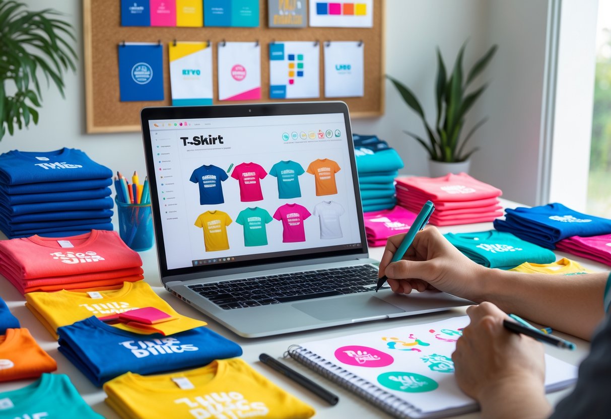 A creative workspace with a laptop showing t-shirt designs, printed t-shirt samples, branding materials on a corkboard, and hands sketching logo ideas on a notepad.