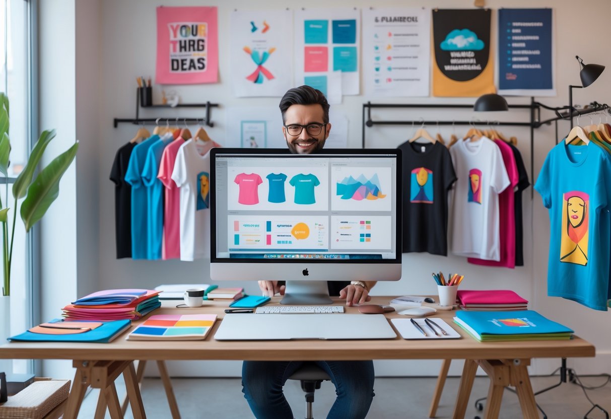 A person working at a desk designing t-shirt graphics with several t-shirts displayed nearby in a bright workspace.